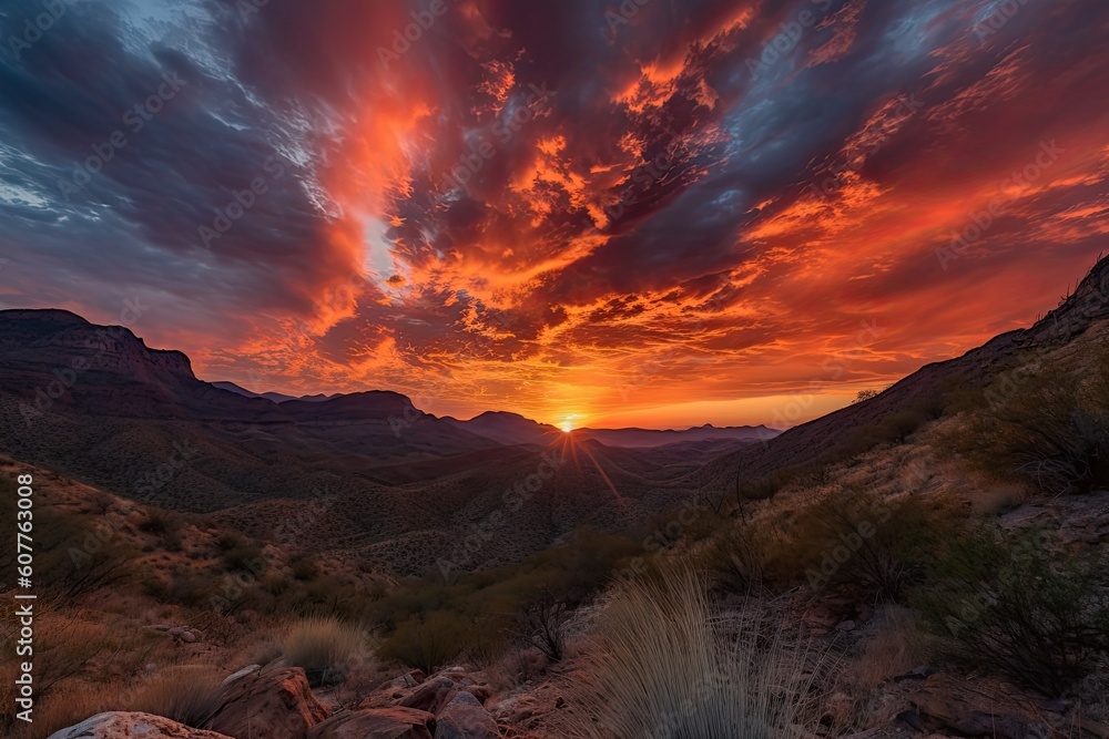 fiery sunset over canyon, with clouds and mountains in the background, created with generative ai