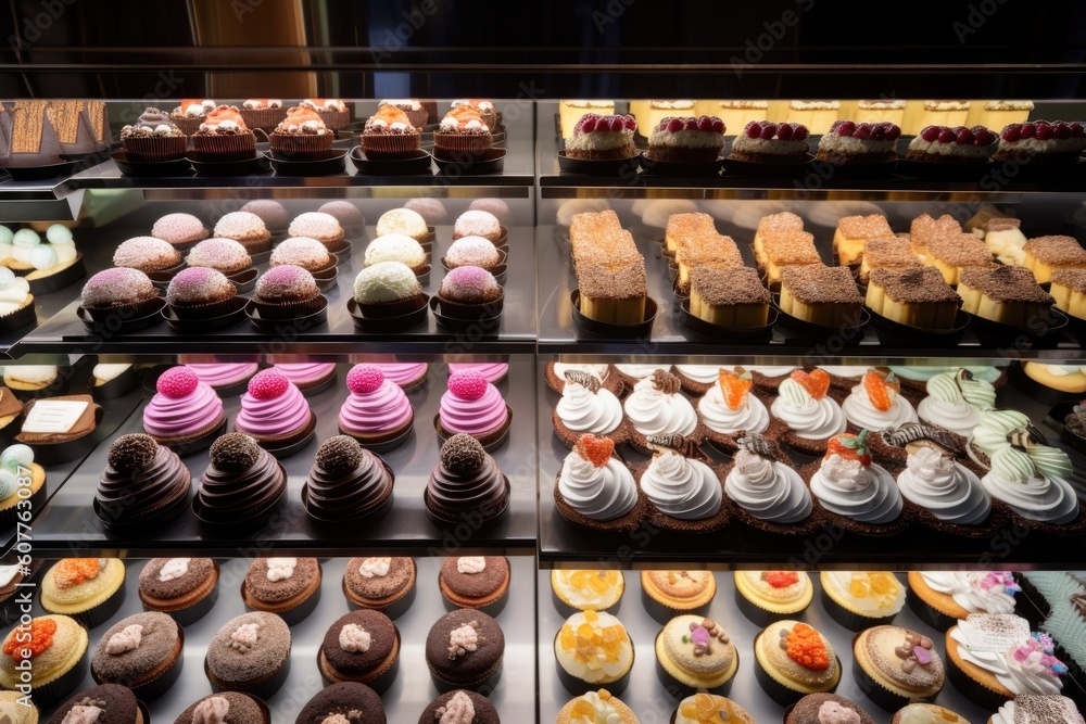a bakery, with rows of cupcakes in different flavors and frostings, created with generative ai