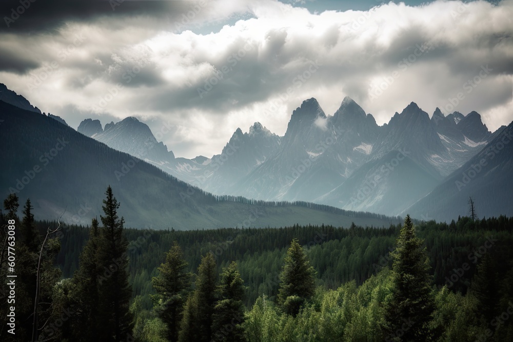 scenic view of mountain range, with clouds rolling past the peaks, created with generative ai