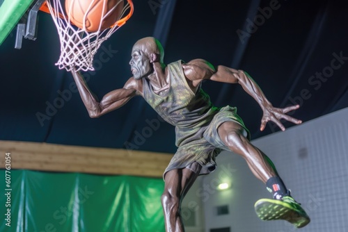 close-up of alien athlete performing spectacular dunk on basketball court, created with generative ai © Alfazet Chronicles