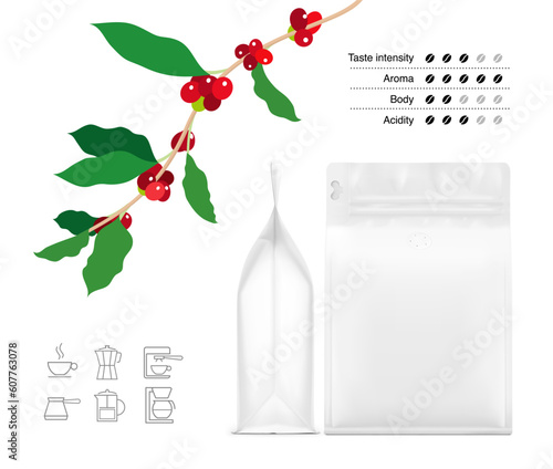 Realistic gusseted bag mockup set. Vector illustration isolated on white background. Half and side views. Perfect for your design. EPS10.