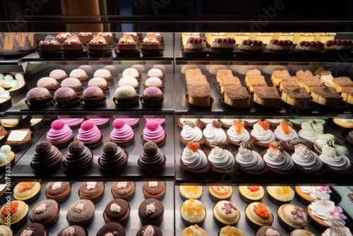 a bakery, with rows of cupcakes in different flavors and frostings, created with generative ai