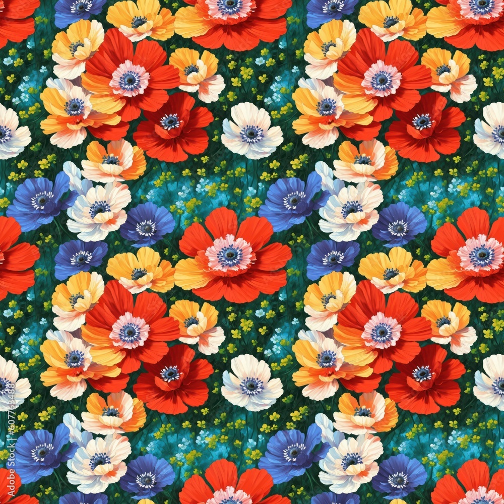 Seamless floral pattern with anemone flowers, tileable, Generative AI Seamless floral pattern with anemone flowers, tileable, Generative AI