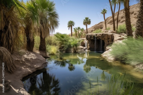 desert oasis with waterfall and lush greenery in the background  created with generative ai