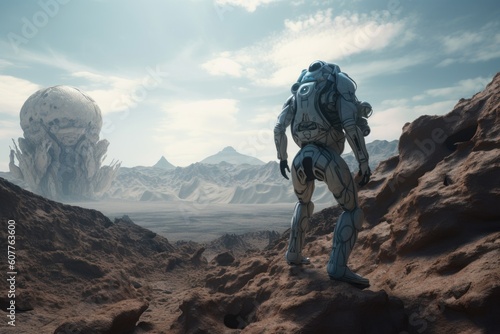 alien life form walking across rocky surface, with breathtaking vistas in the background, created with generative ai