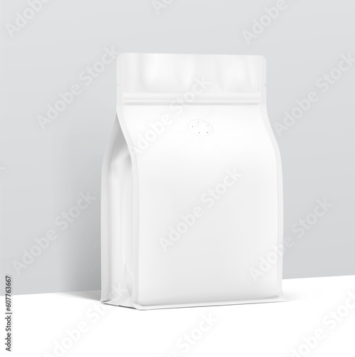 Realistic gusseted bag mockup. Vector illustration. Half side view. Perfect for your design. Suite for the presentation of coffee, food, for pets, household, etc. EPS10.