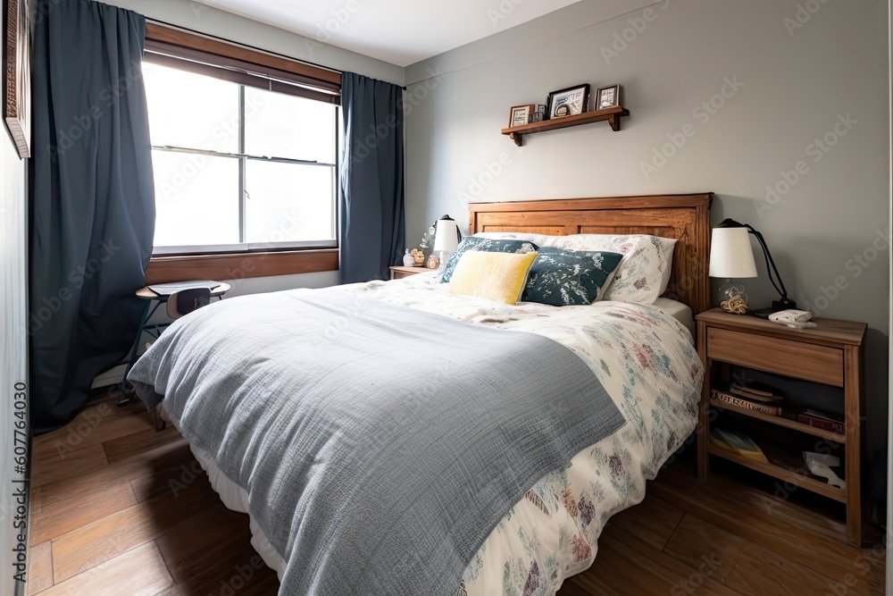 Obraz premium bedroom, with freshly laundered linens and fluffy pillows on the bed, created with generative ai