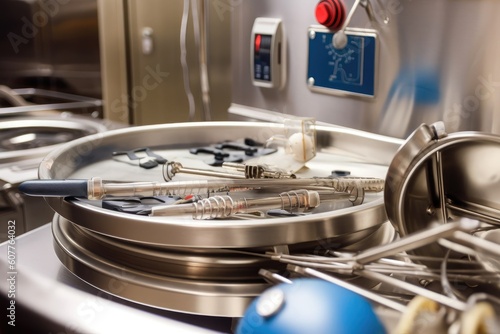 surgical instruments being sterilized in specialized autoclave, with indicator light and steam visible, created with generative ai
