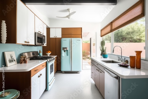 mid-century modern kitchen, with sleek fixtures, designer appliances and glassware, created with generative ai © Alfazet Chronicles