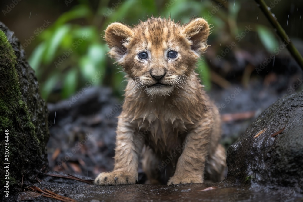 newborn lion cub exploring the outdoors for the first time, created with generative ai newborn lion cub exploring the outdoors for the first time, created with generative ai
