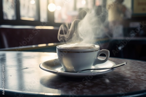 close-up of steaming cup of coffee, with one diner enjoying a much-needed break, created with generative ai