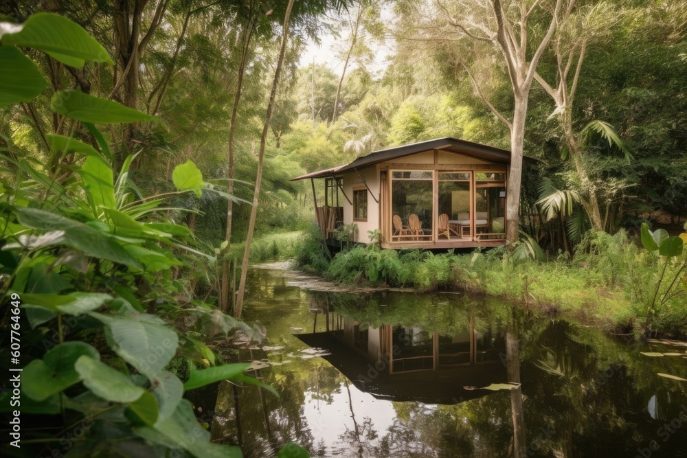 cozy eco-friendly cabin surrounded by lush greenery and tranquil waters, created with generative ai cozy eco-friendly cabin surrounded by lush greenery and tranquil waters, created with generative ai