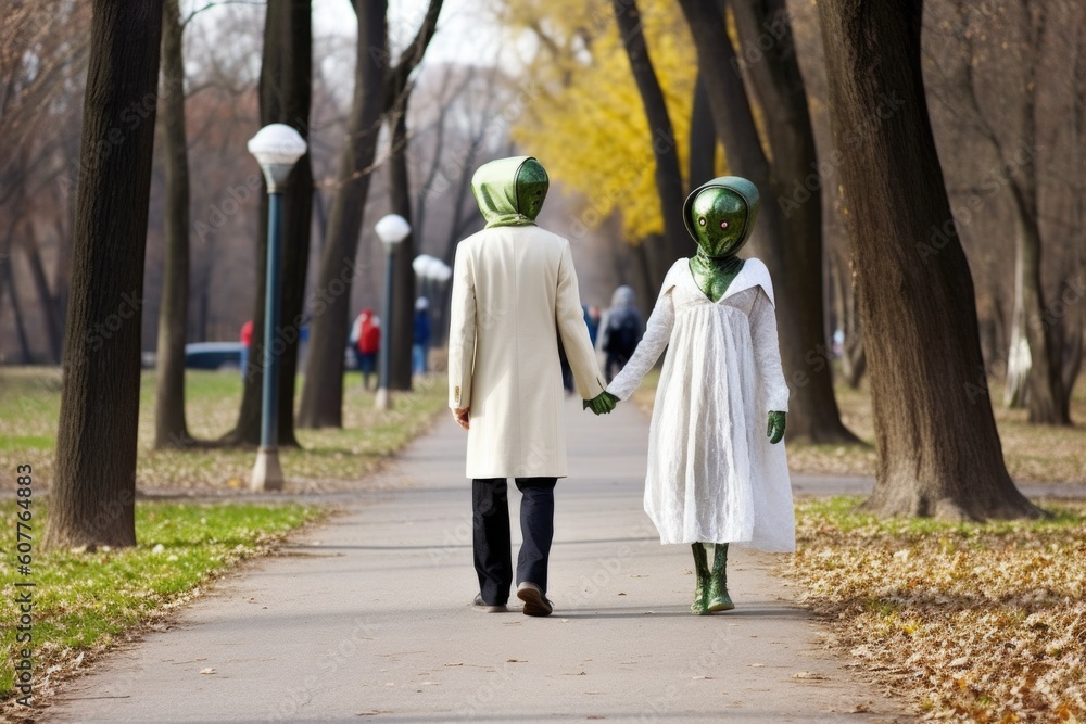 alien couple, walking hand-in-hand on romantic stroll through park, created with generative ai alien couple, walking hand-in-hand on romantic stroll through park, created with generative ai