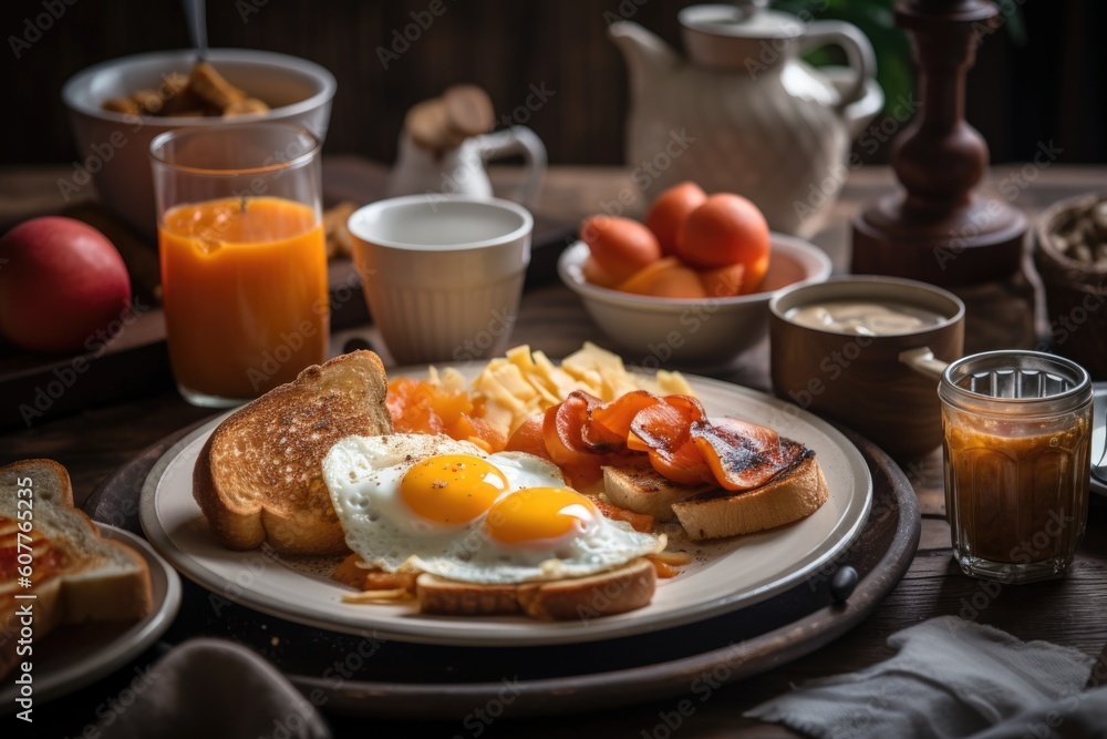 detailed plate of delicious breakfast, with eggs, toast, and coffee, created with generative ai detailed plate of delicious breakfast, with eggs, toast, and coffee, created with generative ai