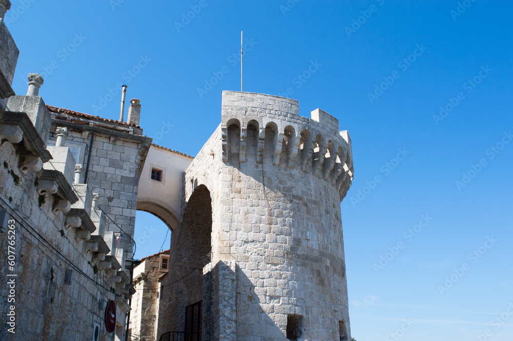 Historic stone tower Konavelic and fortification in Korcula town, Croatia