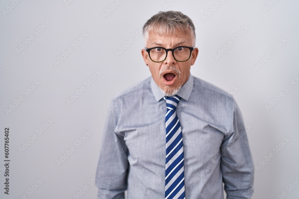 Hispanic business man with grey hair wearing glasses afraid and shocked with surprise and amazed expression, fear and excited face. Hispanic business man with grey hair wearing glasses afraid and shocked with surprise and amazed expression, fear and excited face.
