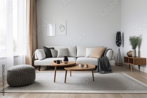 minimalist living room with comfortable sofa and stylish accessories, created with generative ai © Alfazet Chronicles