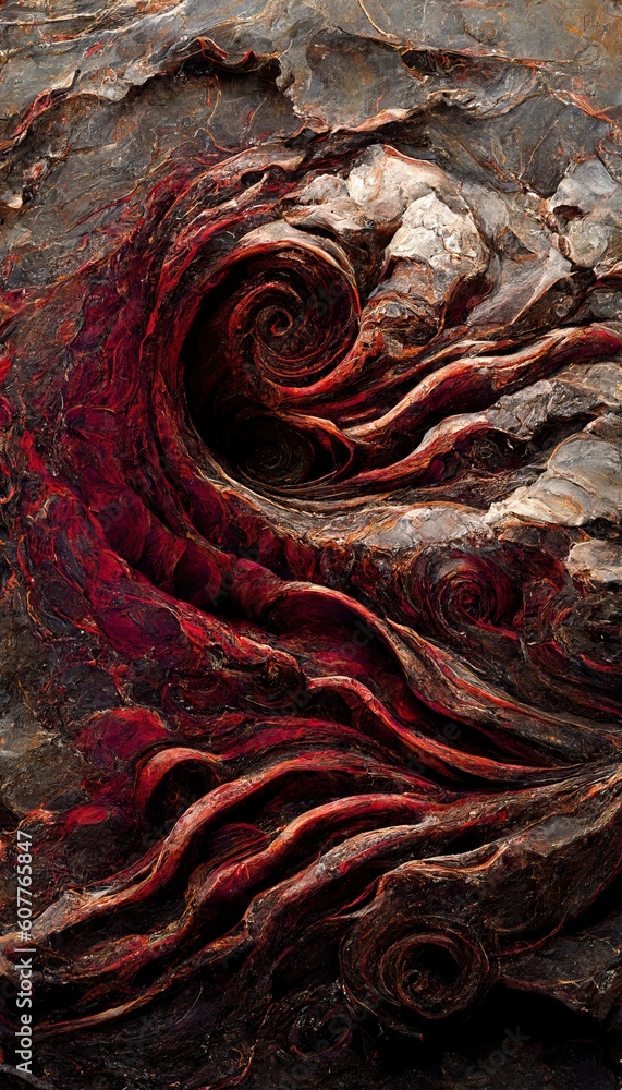 Fossilized ammonite sea shell spirals embedded into dark scarlet red slate rock. Prehistoric layered and ridged stone texture with detailed surface patterns - generative ai