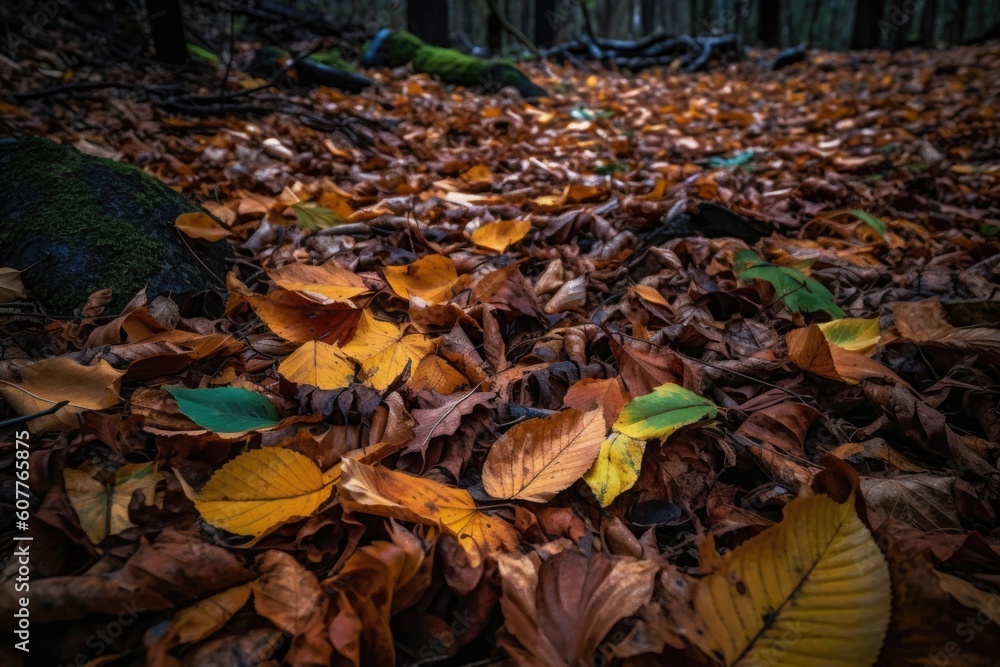 close-up of fallen leaves on the forest floor, created with generative ai close-up of fallen leaves on the forest floor, created with generative ai