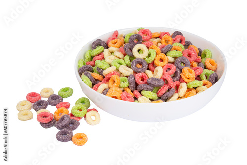 Sweet multicolored flakes, cereal loops. Isolated on a white background. © Liza