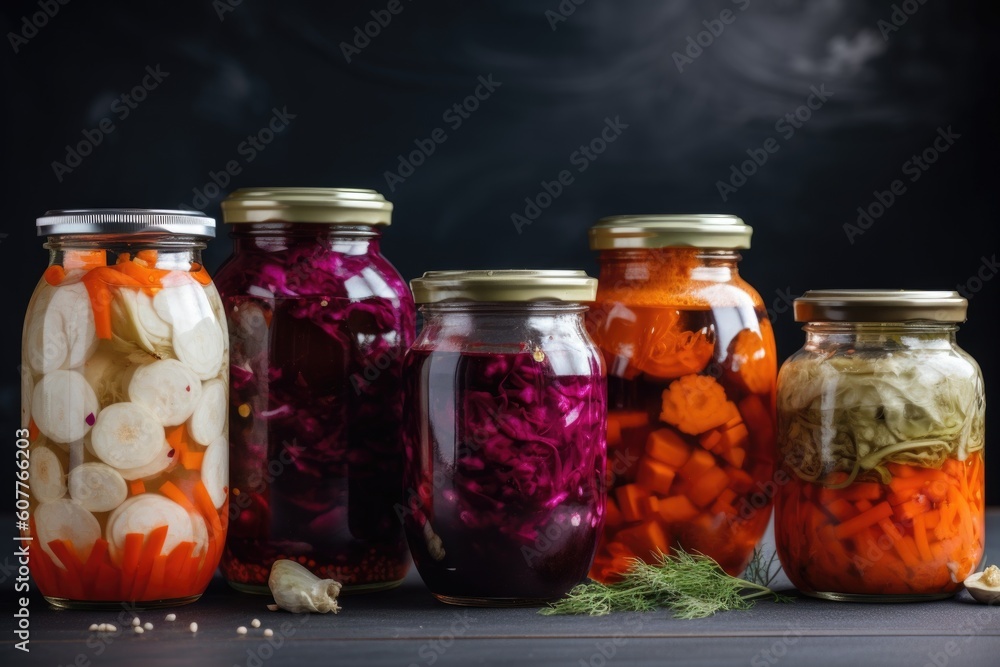 glass jar filled with various fermented vegetables, each with its own unique flavor, created with generative ai glass jar filled with various fermented vegetables, each with its own unique flavor, created with generative ai