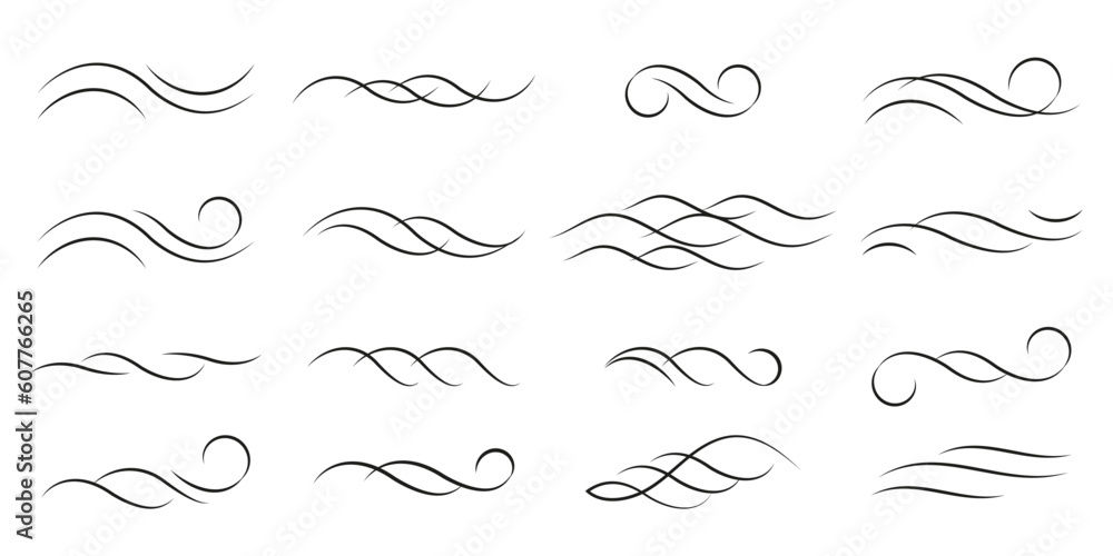 
Calligraphy wavy lines. Decorative sea swashes for text. Swoosh curve strokes. Vintage letterring ornaments. Swirl underline isolated on white background. Vector illustration. - obrazy, fototapety, plakaty 