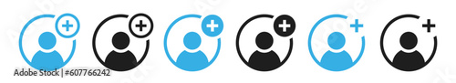 Add user icon. New person icons set. Avatar with plus sign. Job profile symbol. Vector illustration.