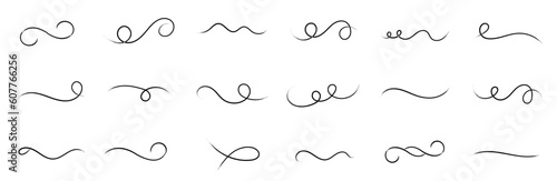 Calligraphy wavy lines. Decorative swashes for text. Swoosh curve strokes. Vintage letterring ornaments. Swirl underline isolated on white background. Vector illustration.