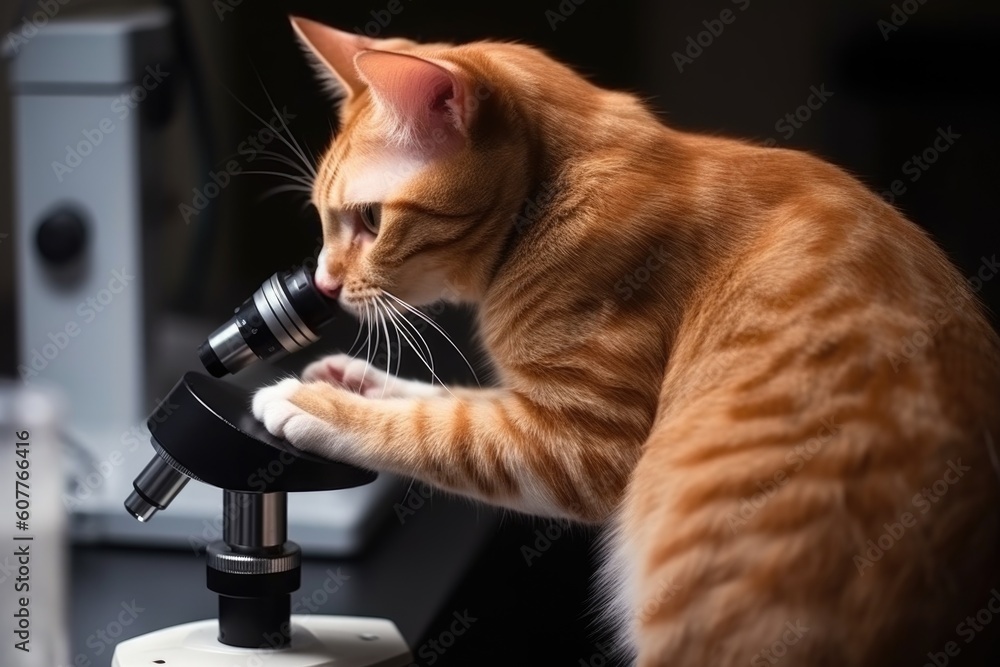 feline scientist using microscope to examine cells under the microscope ...