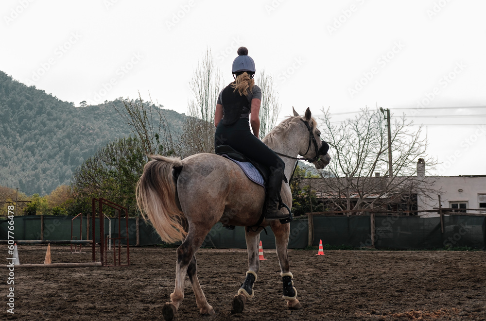 young european girl training horse, riding canter wearing back protection, gray gelding workout in manej young european girl training horse, riding canter wearing back protection, gray gelding workout in manej