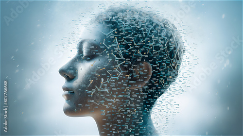 a female head with a lot of information flying around symbolizes your thoughts, generative AI