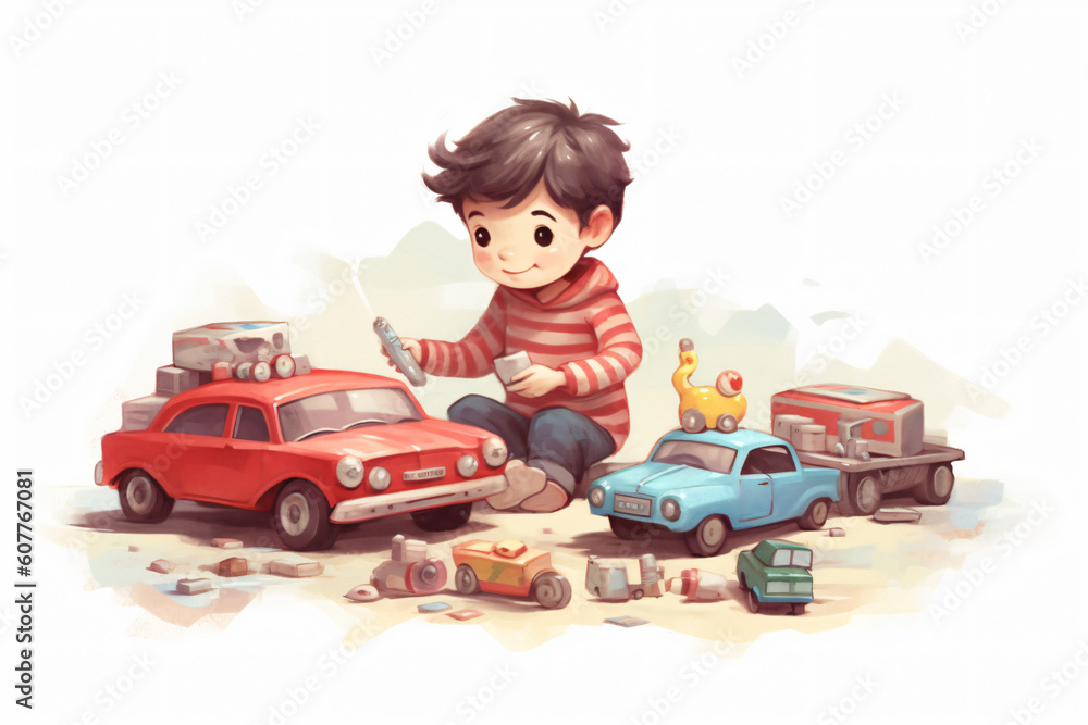 illustration of kid playing car toys made with Generative AI illustration of kid playing car toys made with Generative AI