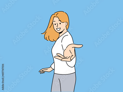 Smiling woman stretch hand to camera invite someone going together. Happy female outstretch arm to screen. Invitation and request. Vector illustration. 