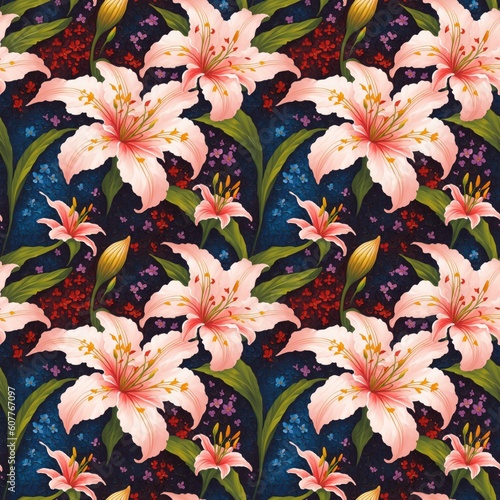Seamless floral pattern with lily flowers  tileable  Generative AI