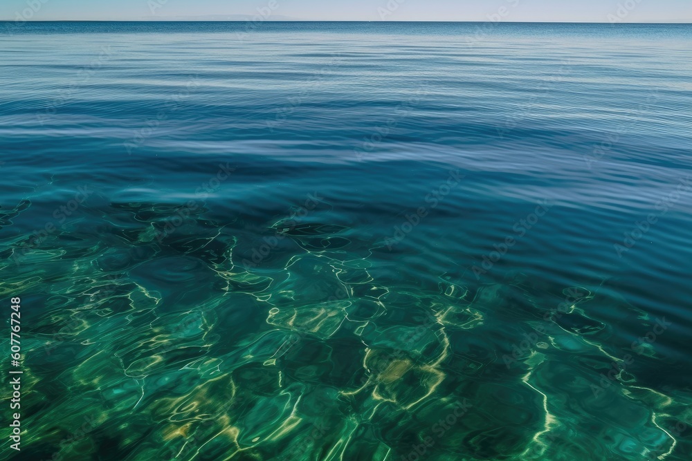 oil slick on the surface of calm and clear sea, created with generative ai