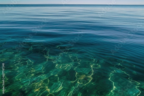 oil slick on the surface of calm and clear sea, created with generative ai