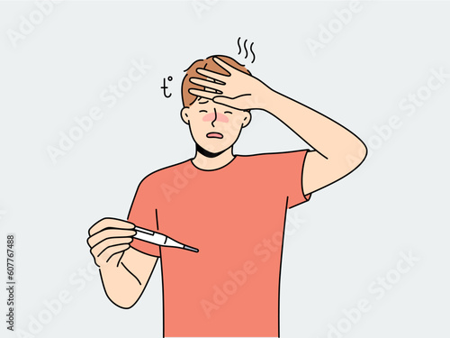 Unwell man suffer from influenza or fever measure high temperature on thermometer. Unhealthy guy struggle with cold of coronavirus. Healthcare. Vector illustration. 