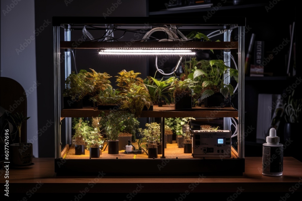close-up of a home-grow setup, with the different parts and pieces visible to the viewer, created with generative ai