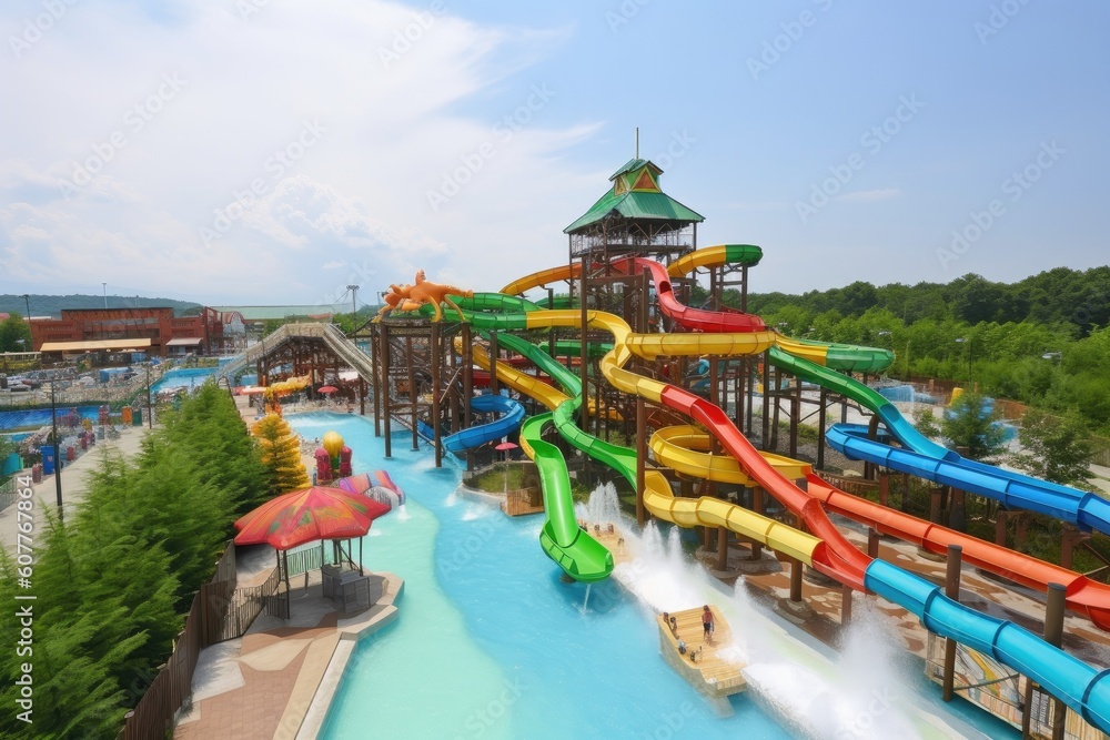 Fototapeta premium water park with numerous slides, including speedy water slide and gentle river ride, created with generative ai