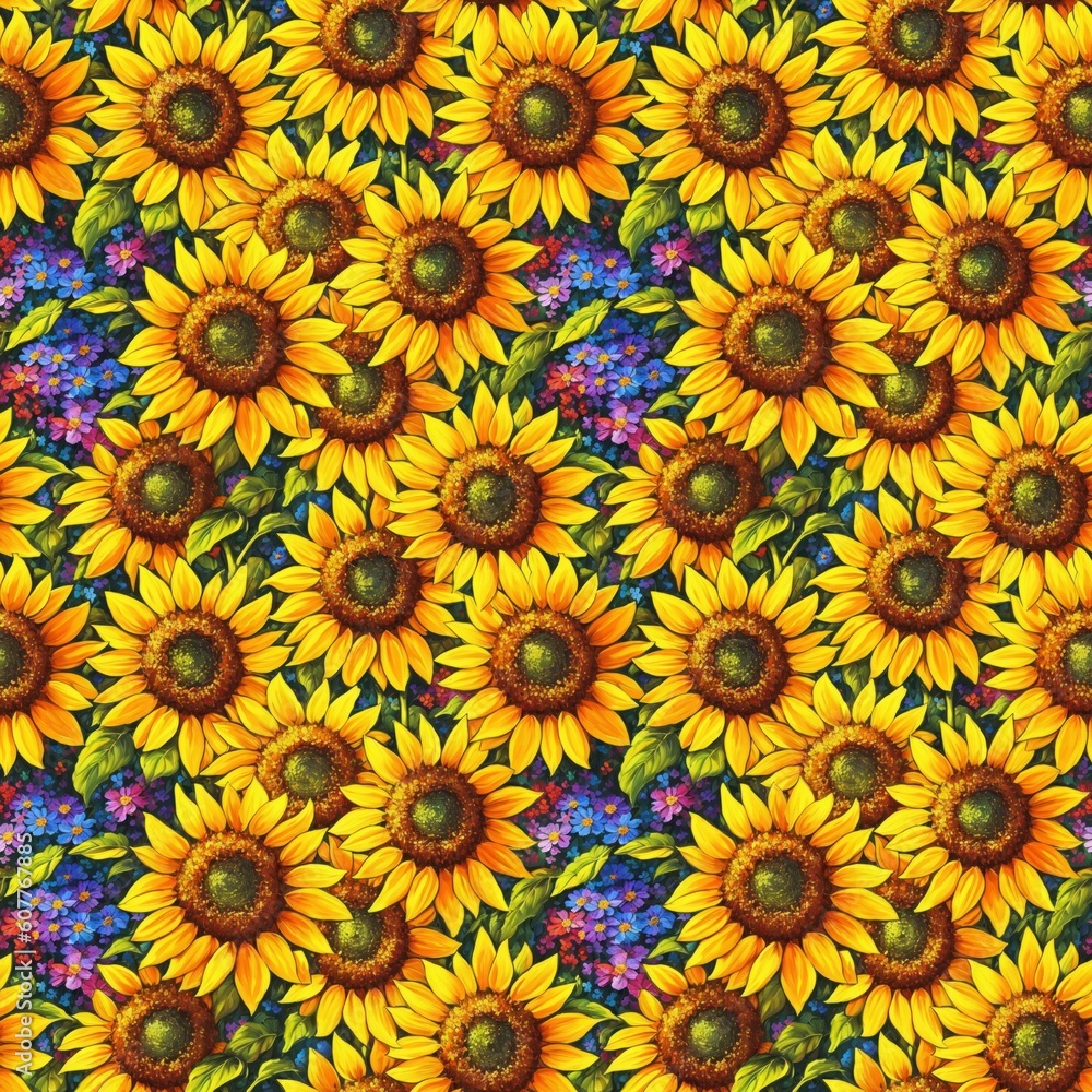 Seamless floral pattern with sunflower flowers, tileable, Generative AI Seamless floral pattern with sunflower flowers, tileable, Generative AI