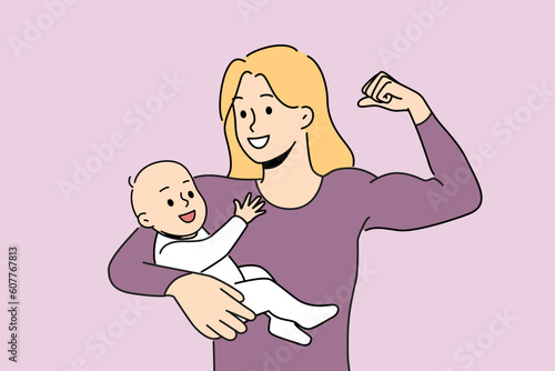 Smiling powerful mother showing bicep holding newborn baby on arms. Happy strong mom with child in hands. Motherhood and heroism. Vector illustration. 