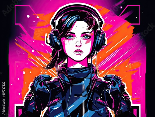 Image of an anime girl listening to music with headphones  video game style  colorful color saturation  neon. Created by AI.