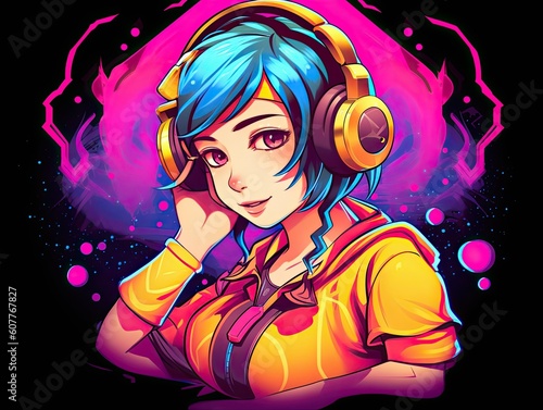 Image of an anime girl listening to music with headphones, video game style, colorful color saturation, neon. Created by AI.