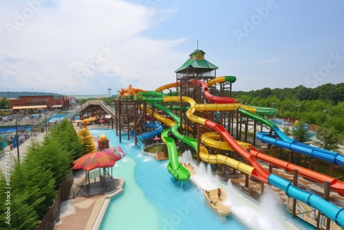 water park with numerous slides  including speedy water slide and gentle river ride  created with generative ai