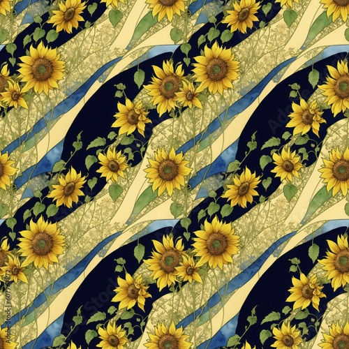 Seamless floral pattern with sunflower flowers, tileable, Generative AI