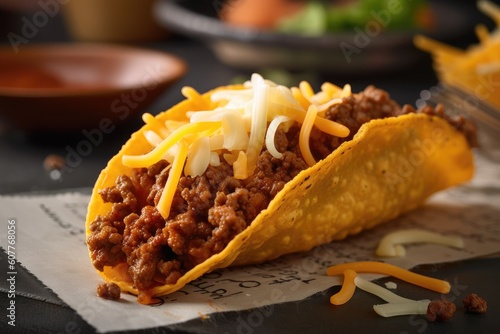close-up of crispy taco shell, filled with seasoned ground beef and melted cheese, created with generative ai