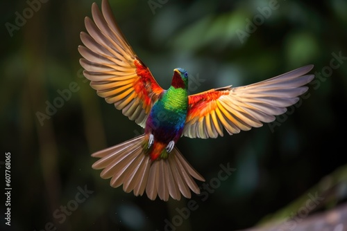 rainbow bird spreading its wings in flight, created with generative ai