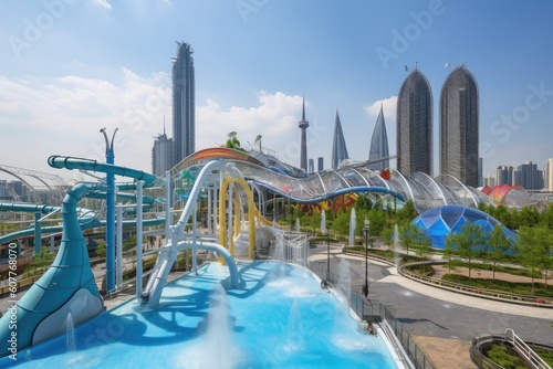 water park, with view of futuristic cityscape, and towering skyscrapers in the background, created with generative ai