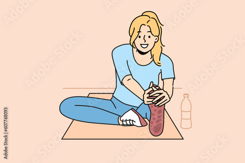 Smiling woman in sportswear training on mat in gym. Happy girl exercising doing sport. Physical activity. Vector illustration. 