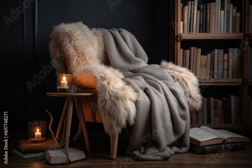 cozy reading nook with plush armchair, furry blanket, and stack of books, created with generative ai
